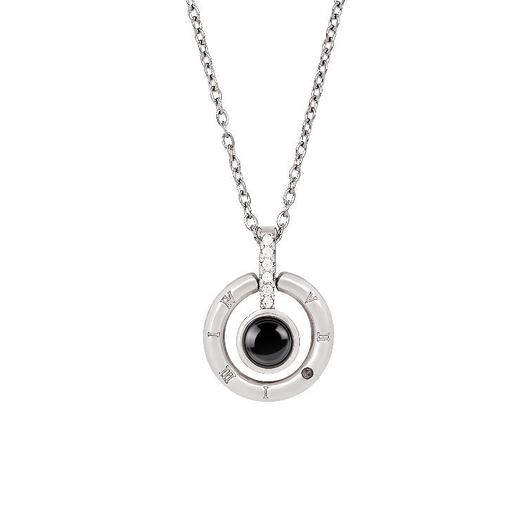 Silver personalized memorial microscopic carvings projection necklace